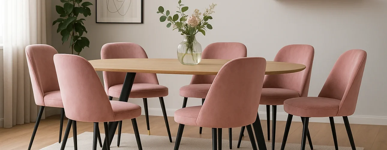 Een moderne eetkamer met deze tips combineer je een houten ovalen tafel met zes roze gestoffeerde stoelen, een vaas met bloemen, een geweven hanglamp, wandkunst, kamerplanten en minimalistische decoratie op een zwevende plank.