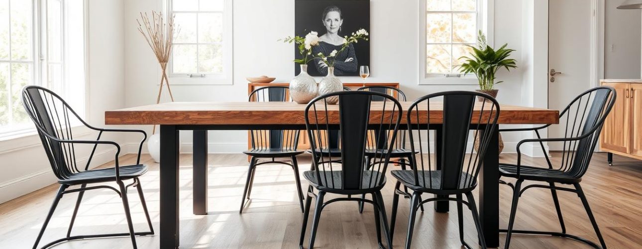 Metalen stoelen met zwart frame rond een rustieke houten eettafel, stoelen bij houten eettafel
