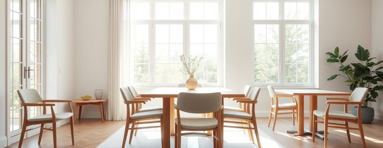 Minimalistische eetkamerstoelen met strakke lijnen en neutrale kleuren in een lichte eetkamer