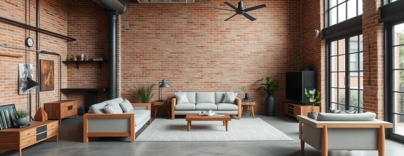 Interieur van een moderne woonkamer met een bakstenen muur en houten meubels.