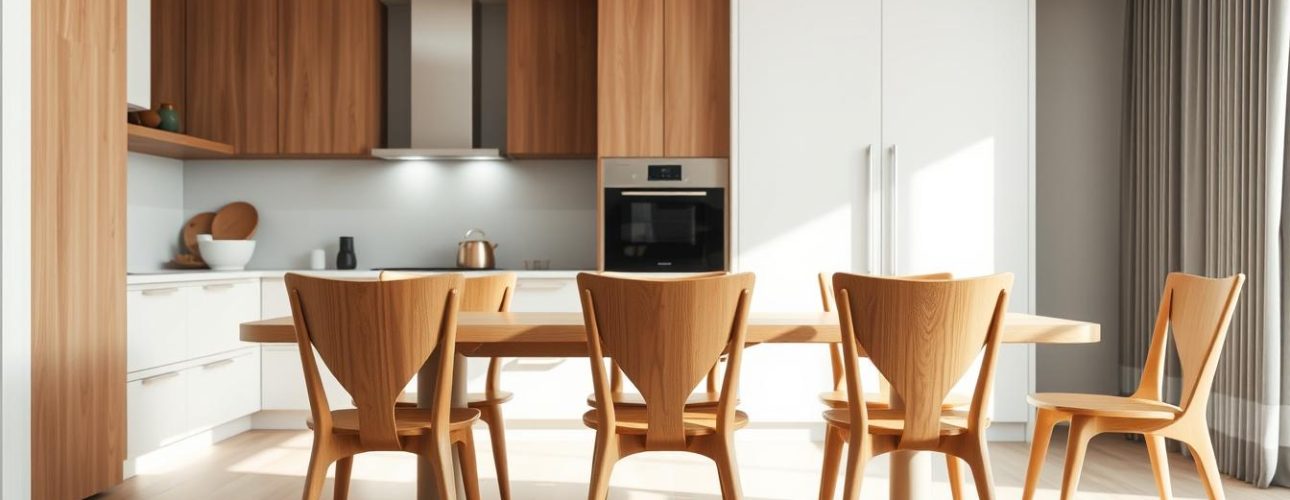 Een set moderne houten keukenstoelen rond een eettafel in een lichte keuken.