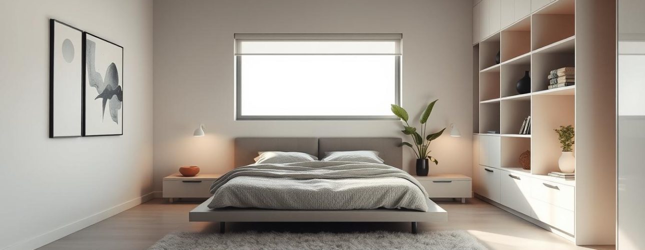 Een moderne slaapkamer heeft een groot bed met nachtkastjes met lampen ernaast. Een pluchen kleed siert de houten vloer, terwijl een groot raam met jaloezieën de achterwand centreert. Rechts staat een plant en minimalistische kunst siert de linkerwand, wat een elegante ruimte creëert om te ontspannen.