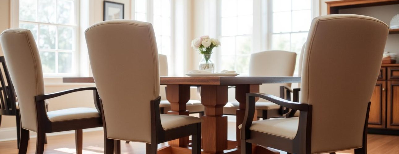 Moderne comfortabele eetkamerstoelen rond een houten eettafel in een lichte eetkamer