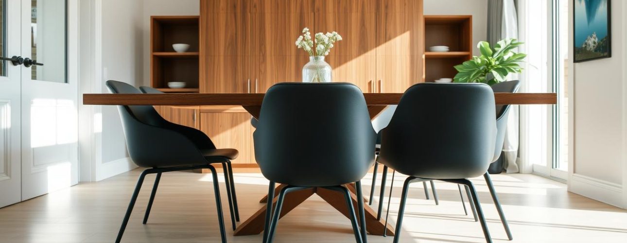 Moderne eetkamer met een eetkamerstoel zonder armleuning die perfect onder een tafel passen