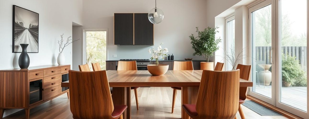Moderne eetkamer met hardhouten eetkamerstoelen rond een eettafel