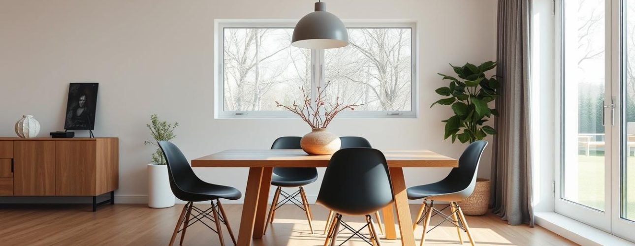 Moderne eetkamer met houten tafel en designstoelen