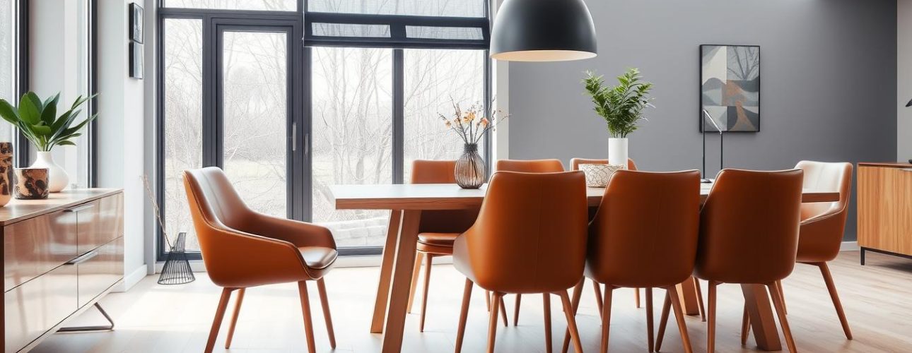Eetkamer met houten tafel en imitatieleren stoelen in een lichte ruimte met grote ramen.