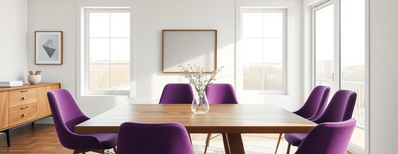 Moderne eetkamer met paarse eetkamerstoelen rond een houten tafel