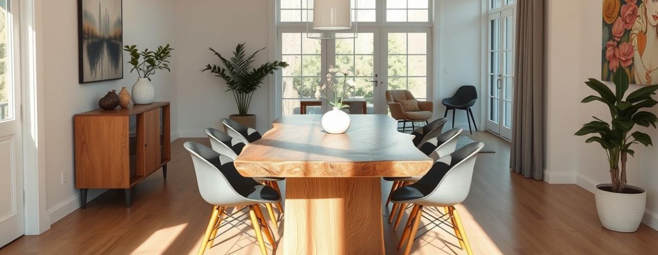 Moderne eetkamerstoelen bij een robuuste boomstamtafel in een lichte eetkamer