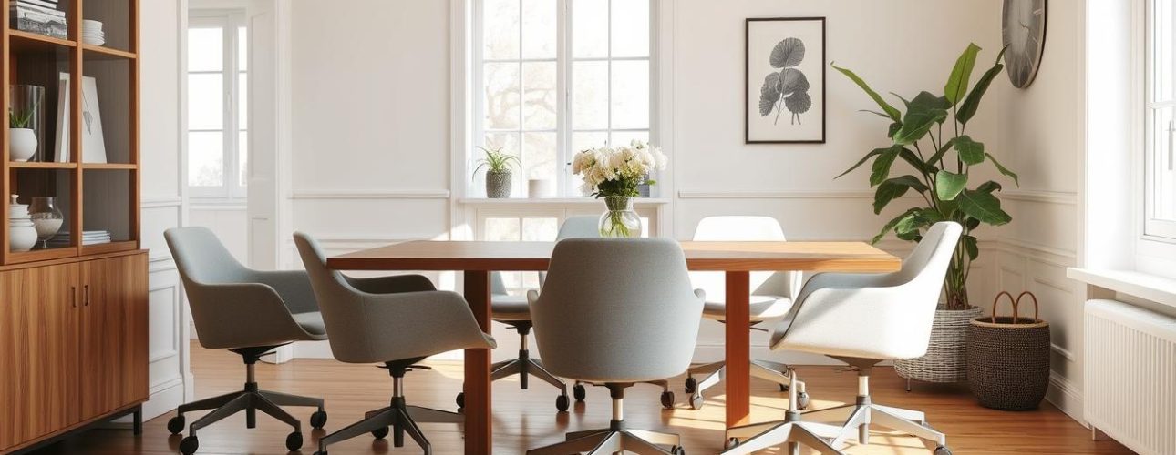 Moderne eetkamerstoelen op wieltjes in een lichte eetkamer