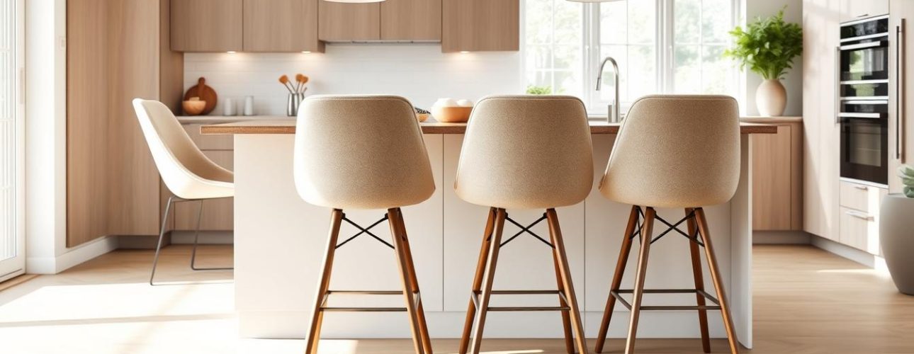 Drie moderne hoge eetkamerstoelen met houten poten in een lichte keukenomgeving.