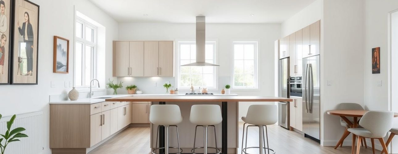 Moderne-hoge-tafel-en-stoelen-in-een-lichte-woonkeuken-met-hoge-tafel-en-stoelen Moderne hoge tafel met barstoelen in een lichte woonkeuken met grote ramen.