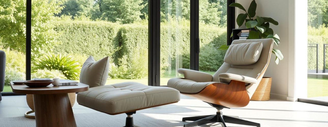 Moderne loungestoel in een lichte woonkamer met uitzicht op tuin
