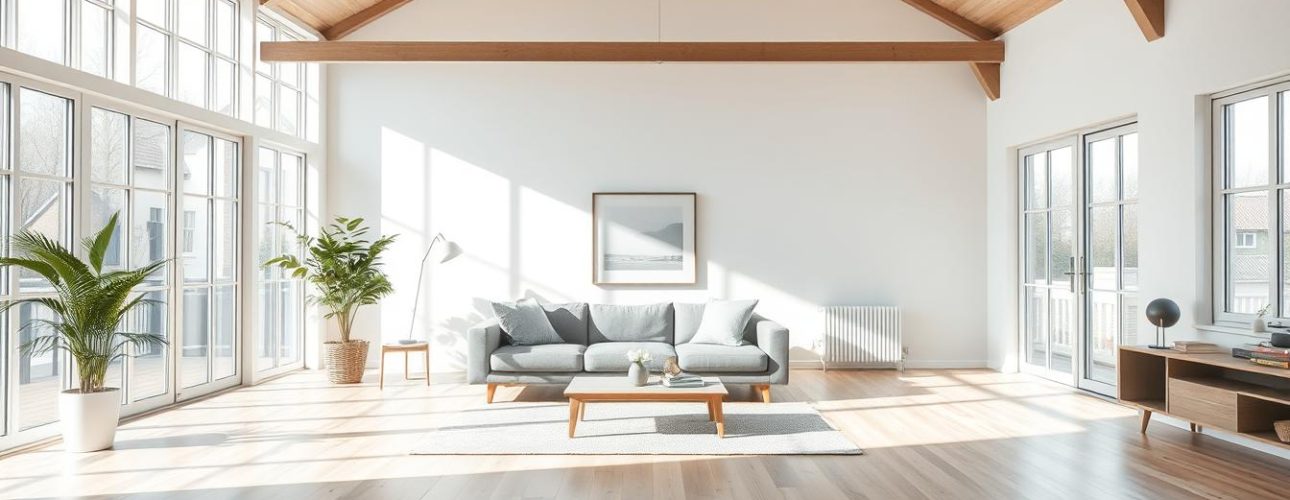 Moderne woonkamer met lichte houten vloer en grijze bank in typisch Nederlands huis