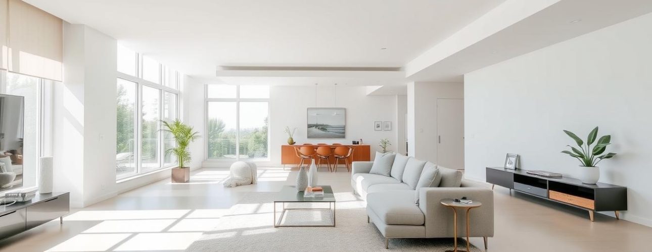 Moderne woonkamer met strakke lijnen, neutrale kleuren en minimalistisch meubilair