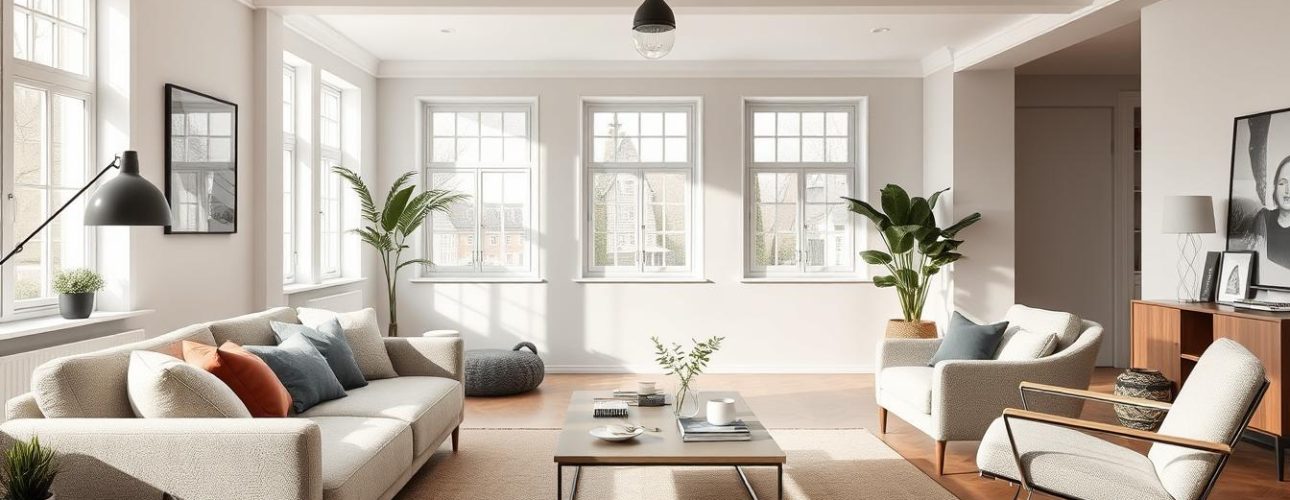 Moderne woonkamer met verschillende soorten meubels zoals bank, salontafel en fauteuil