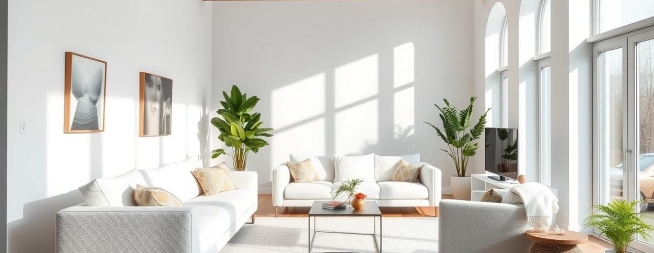 Moderne woonkamer met witte boucle banken, fauteuil en grote ramen met natuurlijk licht.