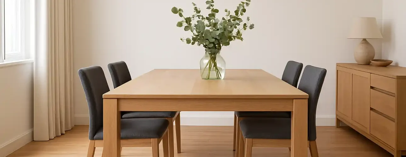Een minimalistische eetkamer met een lichte houten tafel - wat de vraag oproept of de eettafel dezelfde kleur moet hebben als de vloer - vier donkergrijze stoelen, een glazen vaas met groen gebladerte en een dressoir met decor bij de witte gordijnen van het raam.