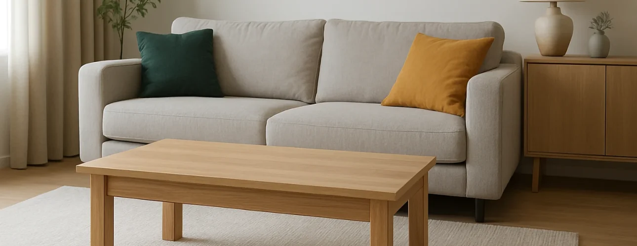 Een moderne woonkamer met een lichtgrijze bank, groene en gele kussens en een houten salontafel op een beige vloerkleed. Moet de salontafel bij de kleur passen? De neutrale tinten worden aangevuld door een potplant en een bijzettafel met lamp.