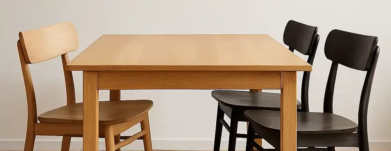 Een eenvoudige houten eettafel met twee zwarte stoelen rechts en een licht houten stoel links tegen een witte muur - de perfecte inspiratie als je je afvraagt: moeten stoelen lichter of donkerder zijn bij een houten tafel?.