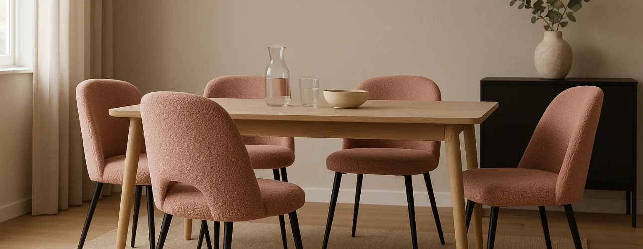 Een minimalistische eetkamer met een houten tafel, vijf oudroze eetkamerstoelen, een glazen karaf, twee glazen en een schaal op tafel. Erboven hangt een hanglamp en op de achtergrond staat een vaas met takken op een zwarte kast.