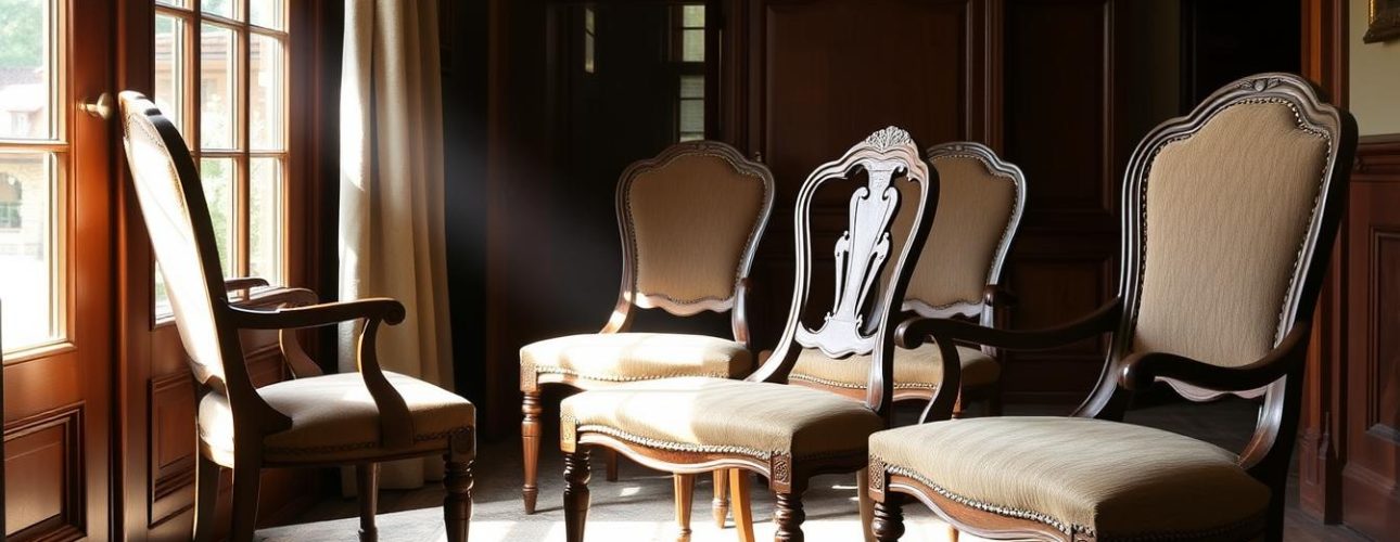 Vijf oude eetkamerstoelen met een houten frame en stoffen zittingen in een kamer.