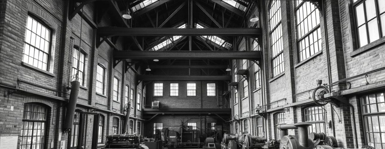 Interieur van een oude fabriek met bakstenen muren en stalen constructies, zichtbaar in zwart-wit.
