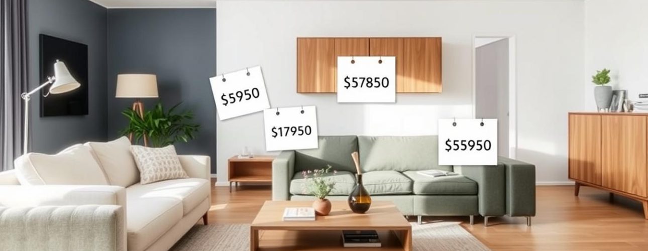 Overzicht van gemiddelde kosten meubels in een moderne woonkamer met bank, salontafel en kast