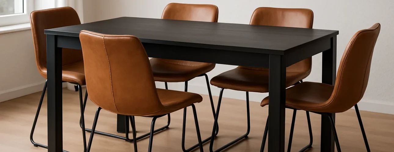 Een moderne eethoek met een zwarte rechthoekige tafel omringd door zes bruine leren stoelen - perfect voor wie zich afvraagt: passen bruine stoelen bij een zwarte tafel? De stijlvolle set staat op een lichte houten vloer bij een raam.