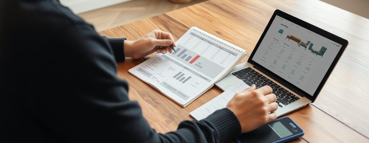 Persoon die budgetplanning doet voor meubels kopen met laptop en rekenmachine