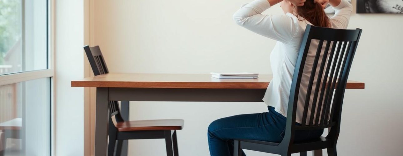 Een vrouw zit ongemakkelijk aan een eettafel omdat de stoel te laag is.