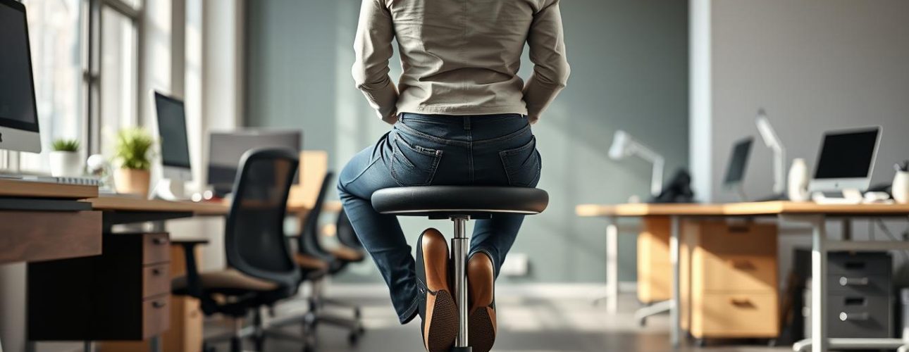 Persoon die rechtop zit op een stoel zonder een rugleuning met een actieve houding