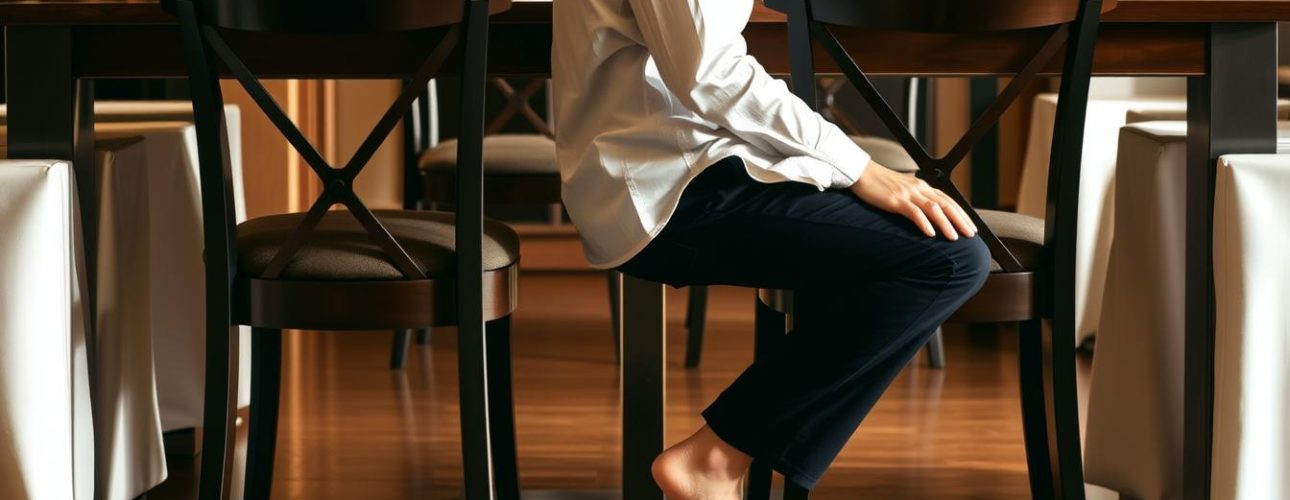 Persoon in een witte blouse en zwarte broek zittend aan een eettafel met blote voeten op de vloer.