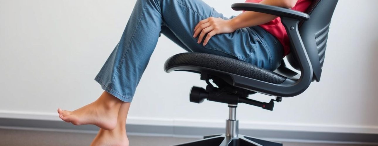 Persoon zit met correcte zithoogte waarbij voeten plat op de grond staan en knieën in een hoek van 90 graden