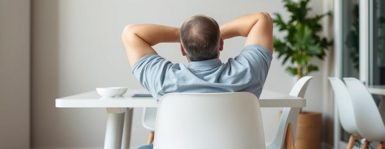 Man met een grijs shirt zit achterover op een witte eetkamerstoel met zijn handen achter zijn hoofd.