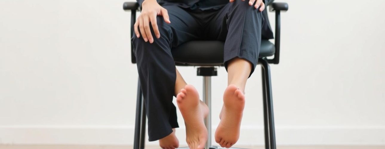 Een persoon zit op een stoel met blote voeten en een correcte zithoogte, voeten plat op de grond.