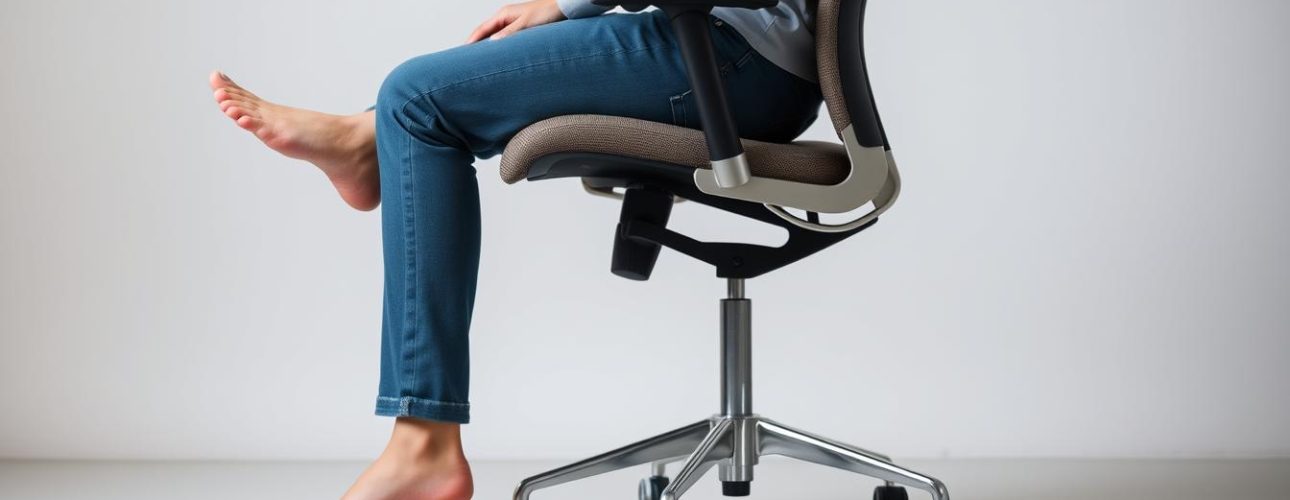 Persoon zit op een stoel met goede zithoogte voor een stoel, met rechte rug en voeten plat op de grond