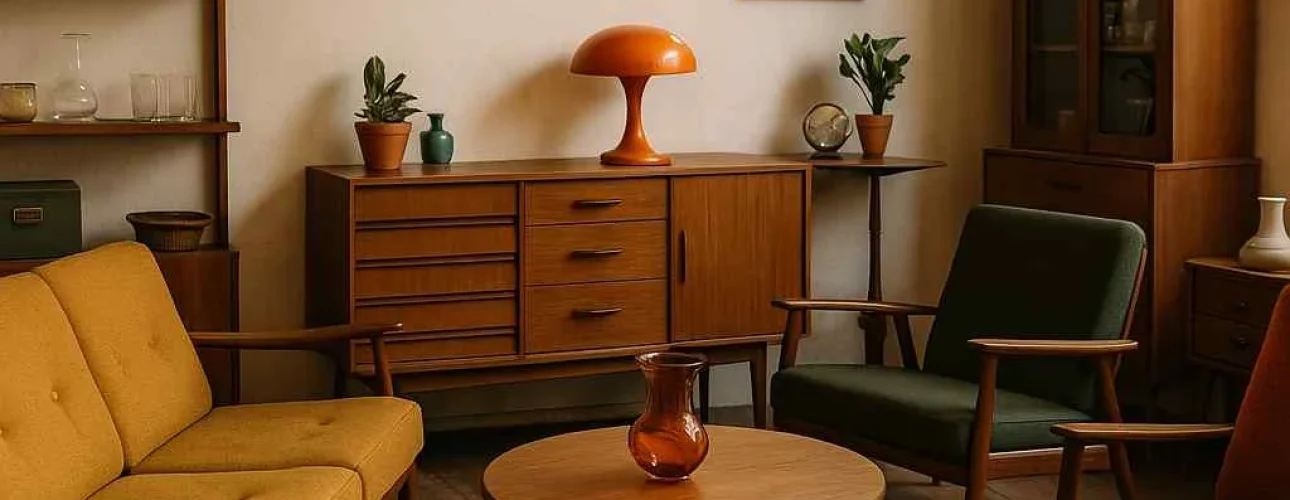 Mid-century woonkamer met gele bank, groene stoel en houten meubels. Is een harde of zachte stoel beter tegen rugpijn?