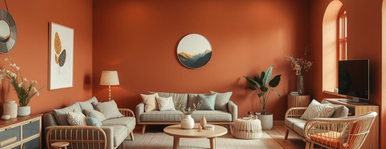 Woonkamer met roestbruine muren, meubels van natuurlijke materialen en een ronde wanddecoratie.