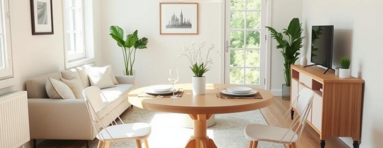 Ronde eettafel in kleine woonkamer met lichte kleuren