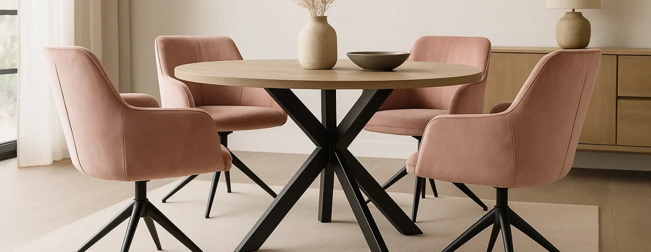 Een ronde houten eettafel met zwarte poten wordt omringd door vier roze eetkamerstoelen draaibaar op een licht vloerkleed. Een vaas met gedroogd pampagras en een schaal staan op tafel, terwijl een dressoir en een lamp op de achtergrond staan.