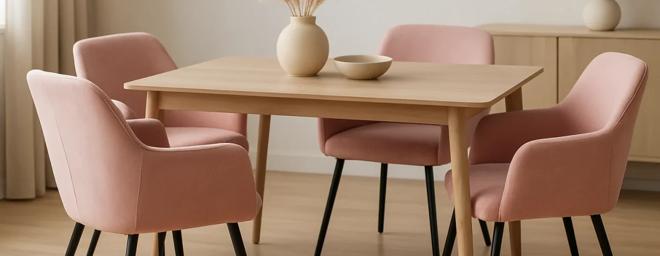 Een minimale eethoek met een lichte houten tafel, vier roze eetkamerstoelen met armleuning, een vaas met gedroogd pampagras, een schaal en een lamp op een zijkast - alles in een zacht verlichte, neutraal getinte kamer.