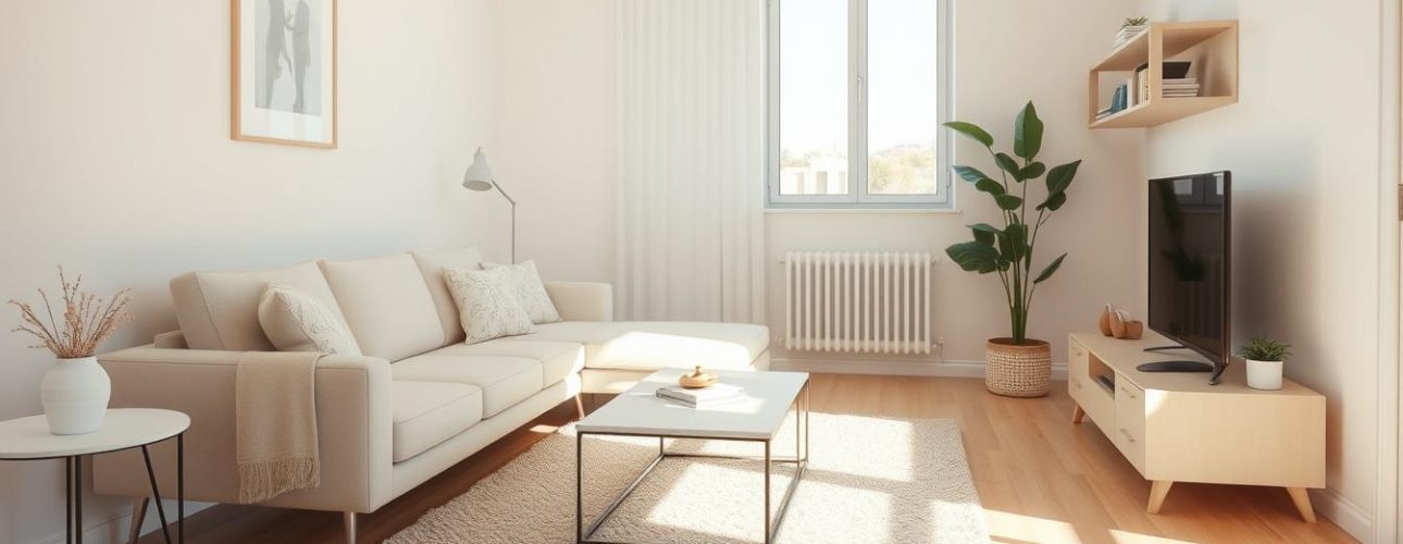 Ruime kleine woonkamer met een grote bank op pootjes en minimale meubels