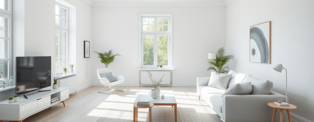 Scandinavisch-interieur-met-typische-lichte-kleuren-wit-grijs-en-natuurlijke-houttinten Licht Scandinavisch interieur met een bank, tafel en planten in een woonkamer.