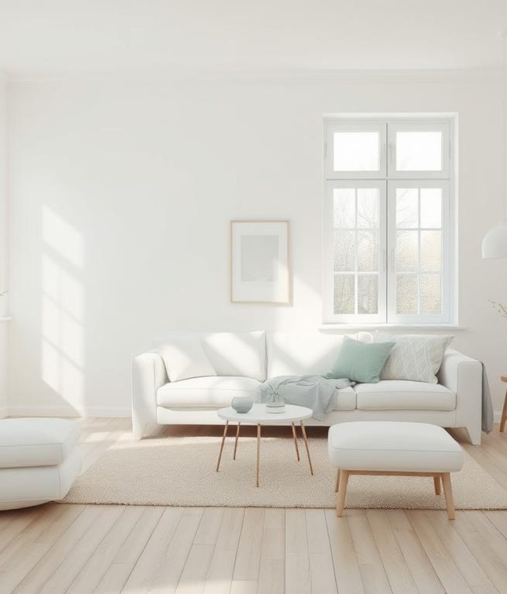 Licht en luchtig Scandinavisch interieur met een witte bank en pastelaccenten in een woonkamer.