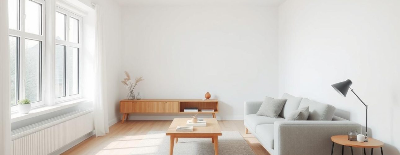 Scandinavisch-interieurdesign-woonkamer-met-lichte-kleuren-en-houten-elementen Woonkamer met een lichte bank, houten tafel en een lamp in Scandinavische stijl.