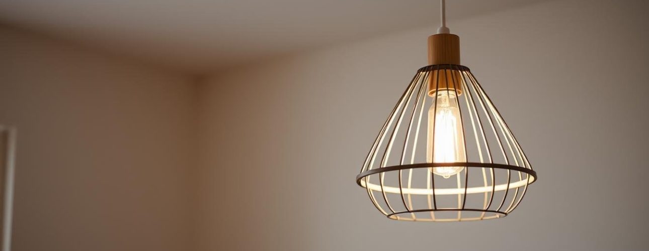 Een moderne hanglamp met een draadkooiontwerp hangt aan het plafond en verlicht zachtjes. De achtergrond is minimaal en wazig, met een vleugje van een ingelijst object aan de muur.