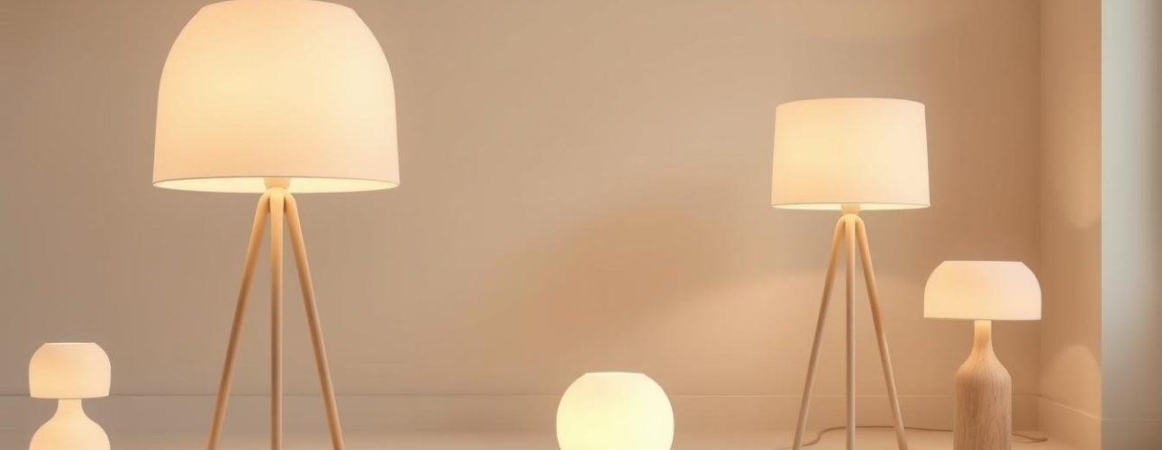 Een minimalistisch interieur met een collectie van vijf lampen, elk met eenvoudige houten voetstukken en zachte witte kappen, die een warme sfeer uitstralen. De vloerlampen variëren in hoogte en design, netjes gerangschikt tegen een lichtgekleurde muur.