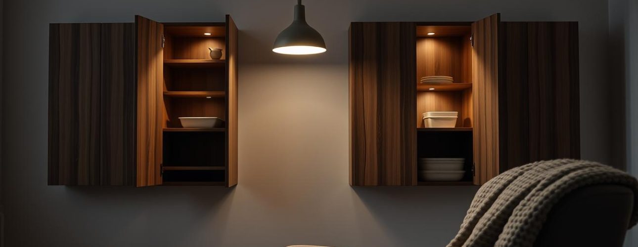 Een schemerige kamer heeft een hanglamp die twee Scandinavische kasten met open deuren verlicht, waarop gerechten staan. Eronder staat een fauteuil met een gebreide sprei die gedeeltelijk zichtbaar is. De sfeer is gezellig en warm.