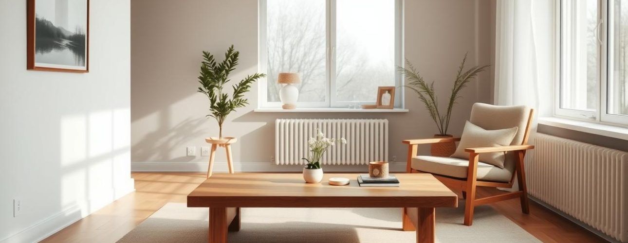 Een lichte woonkamer met een groot raam, houten salontafel en een uitnodigende stoel. Een potplant en een ingelijste foto sieren de gezellige ruimte, met zonlicht dat op het lichtgekleurde tapijt en de houten vloer valt.